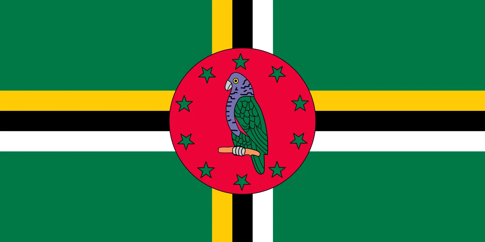 Green flag of dominica with an emblem in the middle