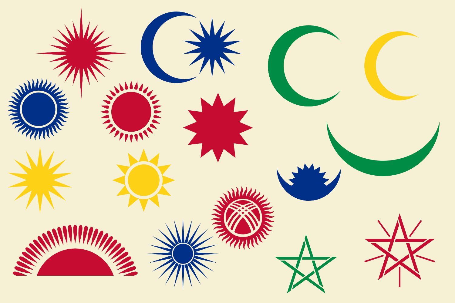 Image of popular national flag symbols including stars, suns, crosses and crescents 